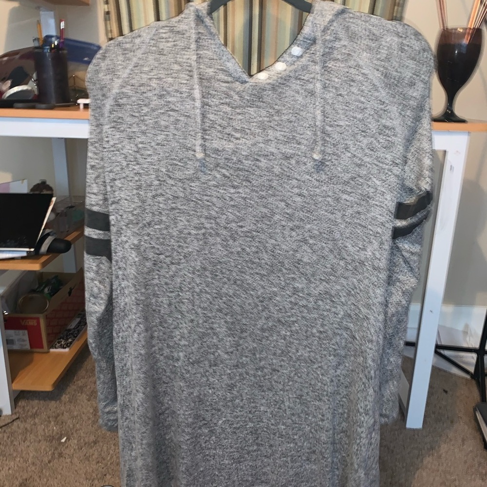 grey sweater dress with black stripes on sleeves
